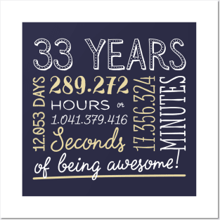 33rd Birthday Gifts - 33 Years of being Awesome in Hours & Seconds Posters and Art